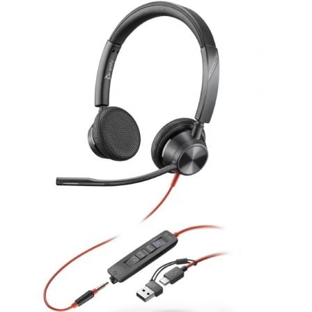 Auriculares Poly Blackwire 3225 para Microsoft Teams + 3.5 mm + Adaptador USB-C/A/ con Micrófono/ Jack 3.5